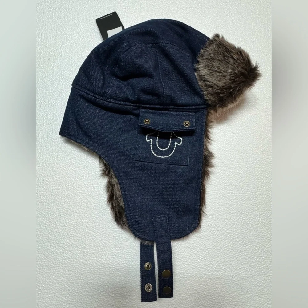 True Religion Blue Denim Trapper Hat with Faux Fur